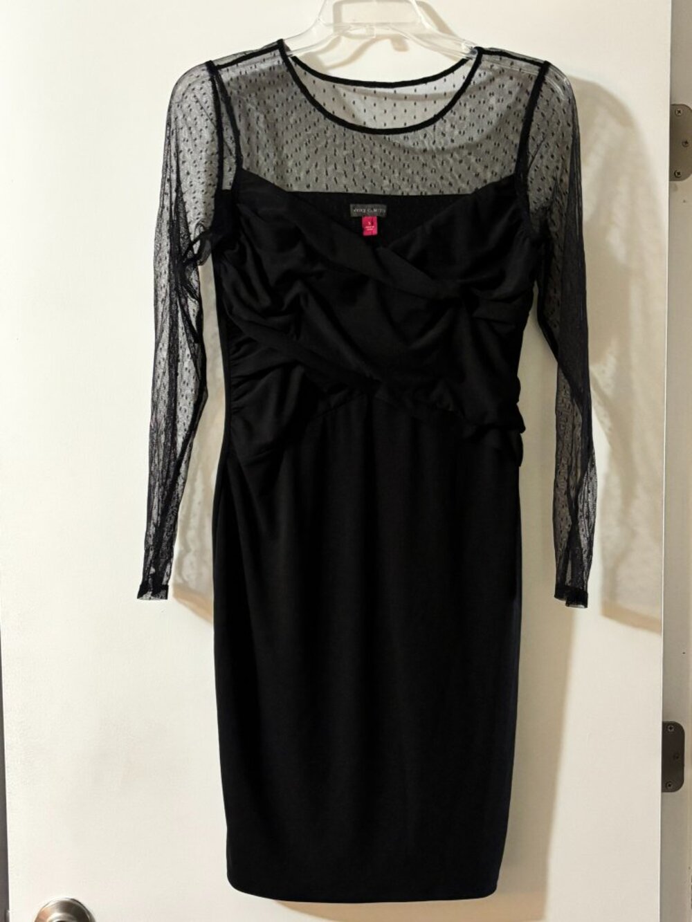 Vince Camuto Black Sheer Swiss Dot Mesh Long Sleeve Ruched Dress Small
